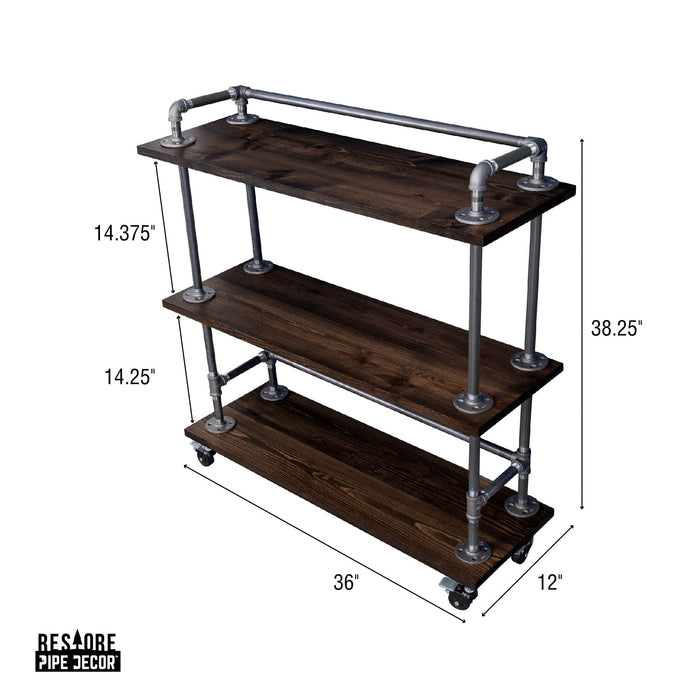 Three-tier Wood Shelf Industrial Bar Cart with Locking Wheels, Boulder Black - Sweatfully