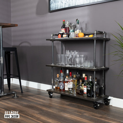 Three-tier Wood Shelf Industrial Bar Cart with Locking Wheels, Boulder Black - Sweatfully