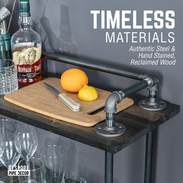 Three-tier Wood Shelf Industrial Bar Cart with Locking Wheels, Boulder Black - Sweatfully