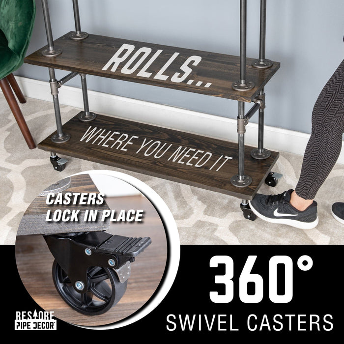 Three-tier Wood Shelf Industrial Bar Cart with Locking Wheels, Boulder Black - Sweatfully
