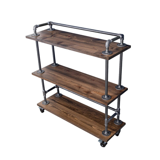 Three-tier Wood Shelf Industrial Bar Cart with Locking Wheels, Trail Brown - Sweatfully
