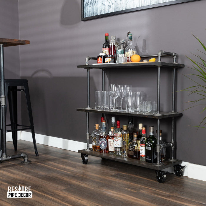 Three-tier Wood Shelf Industrial Bar Cart with Locking Wheels, Trail Brown - Sweatfully