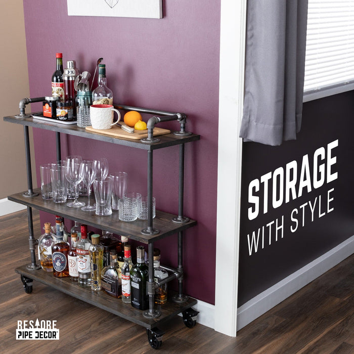 Three-tier Wood Shelf Industrial Bar Cart with Locking Wheels, Trail Brown - Sweatfully