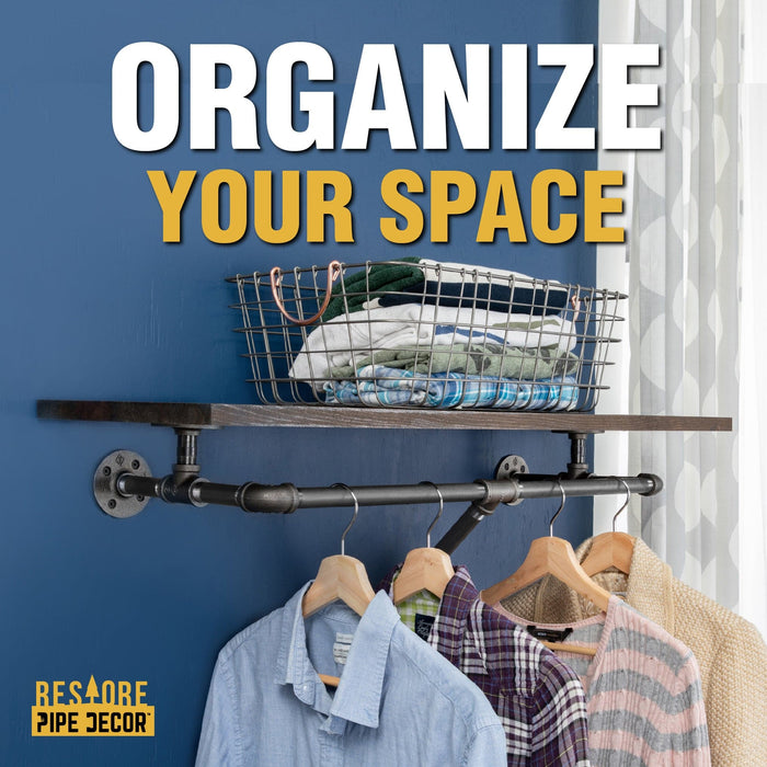 24 in. Wall Mounted Clothing Rack with Wood Shelf, Boulder Black - Sweatfully