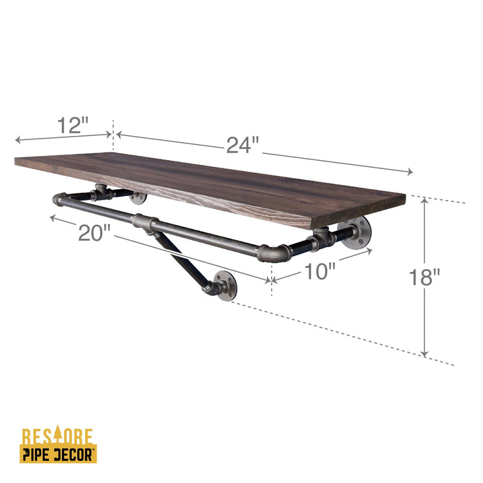 24 in. Wall Mounted Clothing Rack with Wood Shelf, Trail Brown - Sweatfully