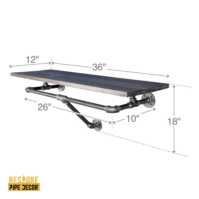 36 in. Wall Mounted Clothing Rack with Wood Shelf, Boulder Black - Sweatfully