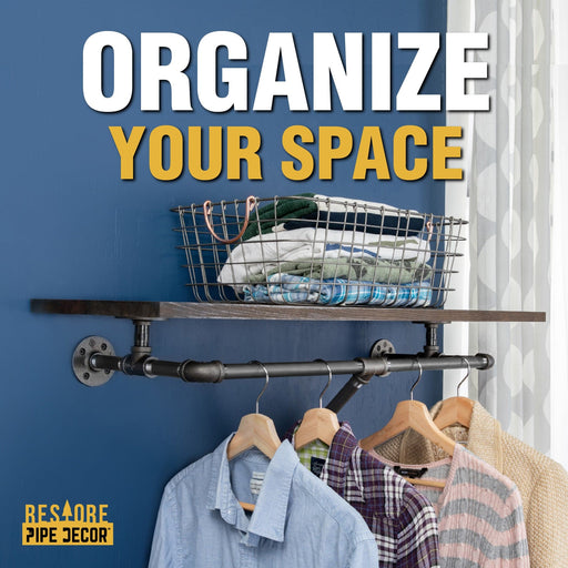 36 in. Wall Mounted Clothing Rack with Wood Shelf, Boulder Black - Sweatfully