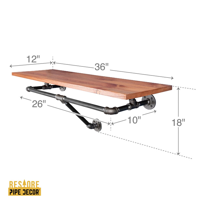 36 in. Wall Mounted Clothing Rack with Wood Shelf, Sunset Cedar - Sweatfully