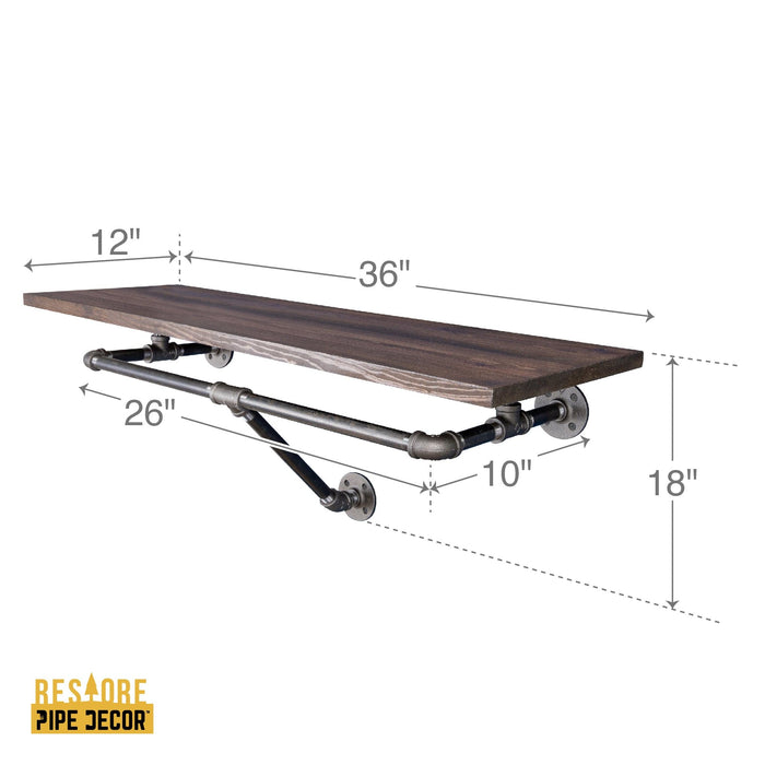 36 in. Wall Mounted Clothing Rack with Wood Shelf, Trail Brown - Sweatfully