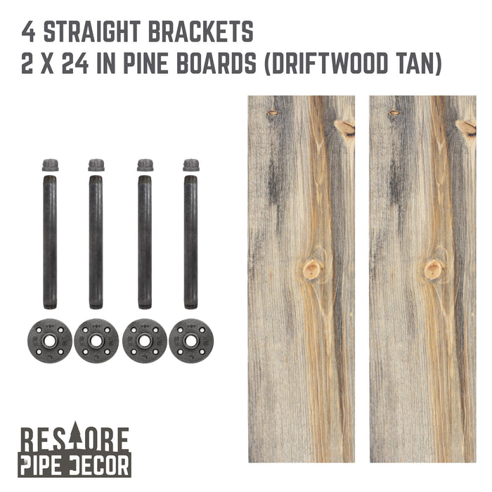 RESTORE Driftwood Tan 24 in. Shelves with Straight Brackets - Sweatfully