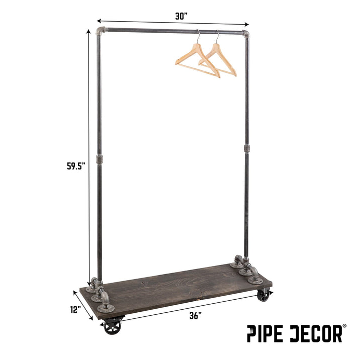 59 ½ in. Rolling Single Rod Clothing Rack with Wood Shelf, Boulder Black - Sweatfully
