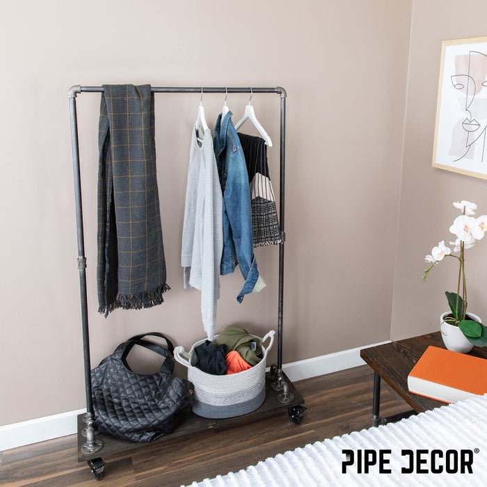 59 ½ in. Rolling Single Rod Clothing Rack with Wood Shelf, Boulder Black - Sweatfully