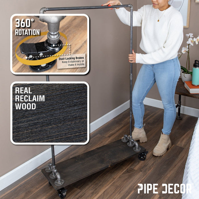59 ½ in. Rolling Single Rod Clothing Rack with Wood Shelf, Boulder Black - Sweatfully