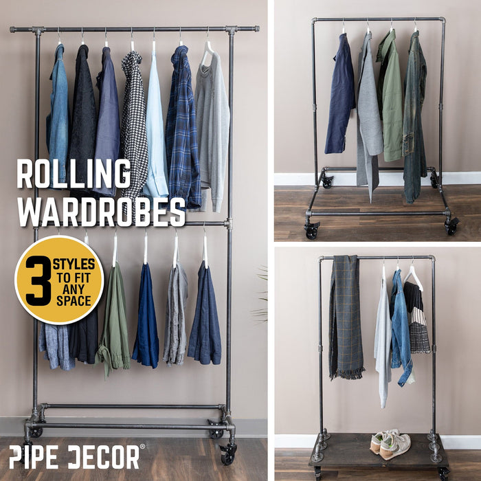 59 ½ in. Rolling Single Rod Clothing Rack with Wood Shelf, Boulder Black - Sweatfully