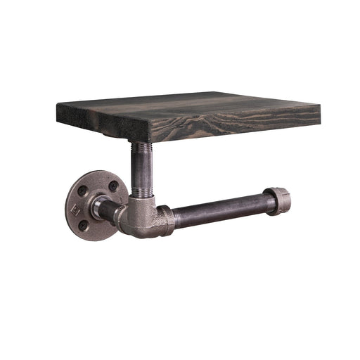 6 in. Wall-Mounted Pipe Toilet Paper Holder with Wood Shelf, Boulder Black - Sweatfully