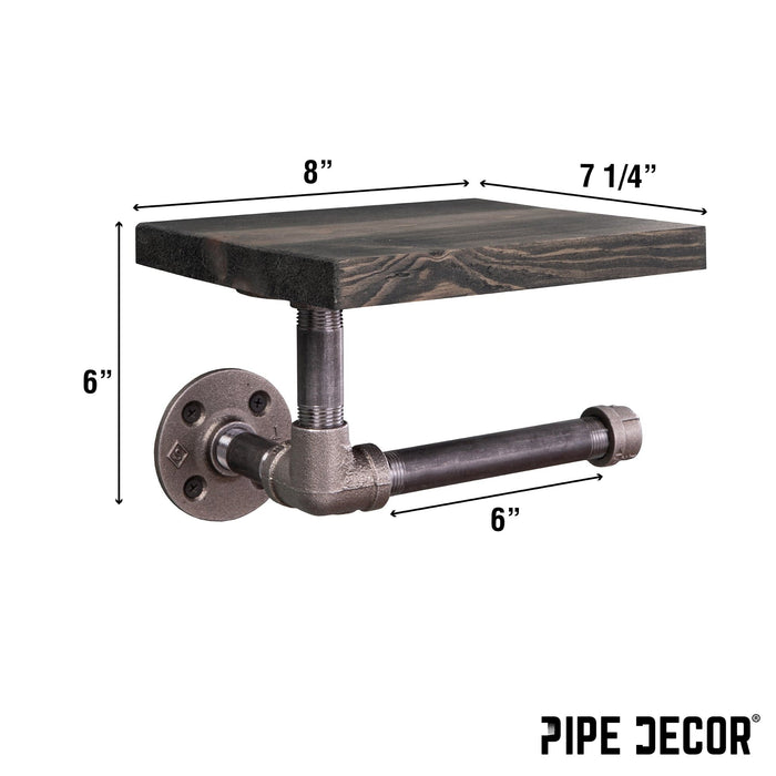 6 in. Wall-Mounted Pipe Toilet Paper Holder with Wood Shelf, Boulder Black - Sweatfully
