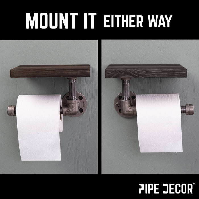6 in. Wall-Mounted Pipe Toilet Paper Holder with Wood Shelf, Boulder Black - Sweatfully