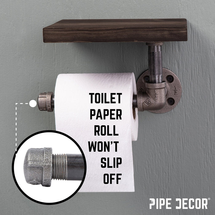 6 in. Wall-Mounted Pipe Toilet Paper Holder with Wood Shelf, Boulder Black - Sweatfully