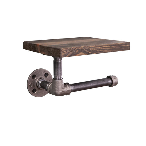 6 in. Wall-Mounted Pipe Toilet Paper Holder with Wood Shelf, Trail Brown - Sweatfully