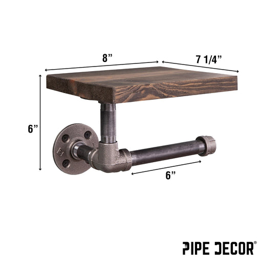 6 in. Wall-Mounted Pipe Toilet Paper Holder with Wood Shelf, Trail Brown - Sweatfully