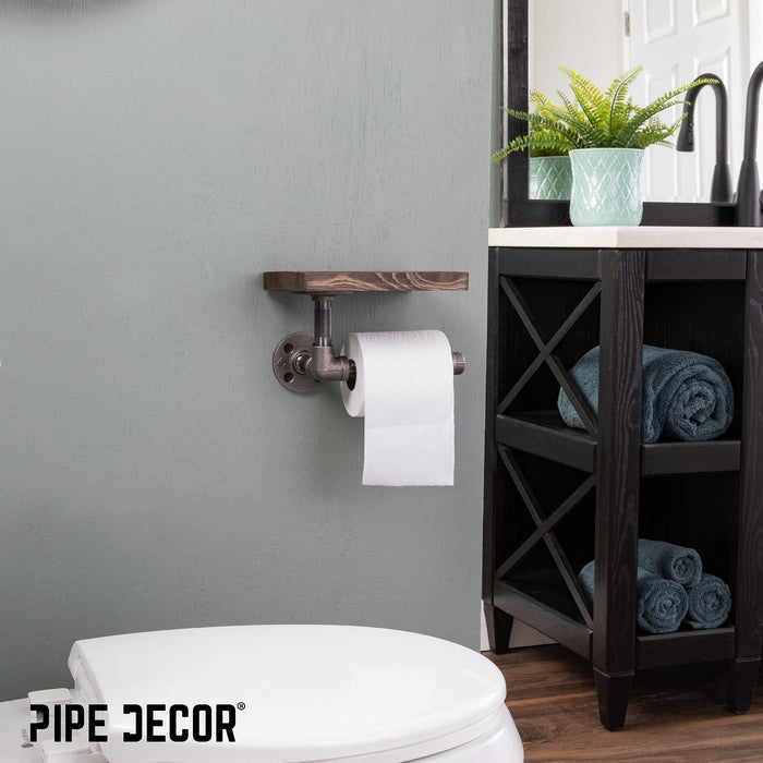 6 in. Wall-Mounted Pipe Toilet Paper Holder with Wood Shelf, Trail Brown - Sweatfully