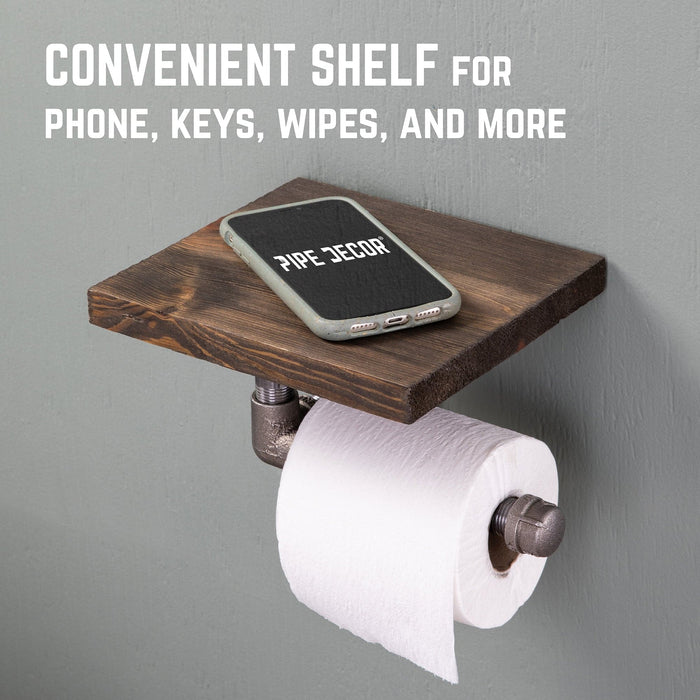 6 in. Wall-Mounted Pipe Toilet Paper Holder with Wood Shelf, Trail Brown - Sweatfully