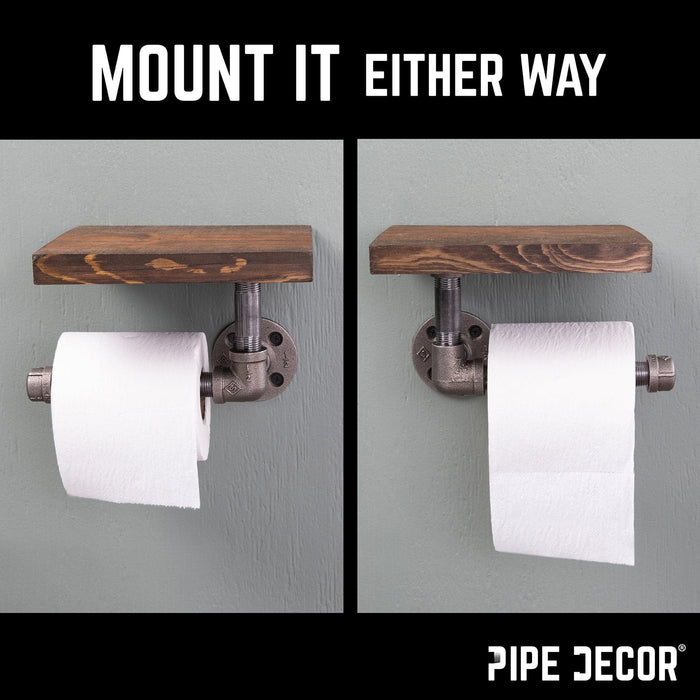 6 in. Wall-Mounted Pipe Toilet Paper Holder with Wood Shelf, Trail Brown - Sweatfully