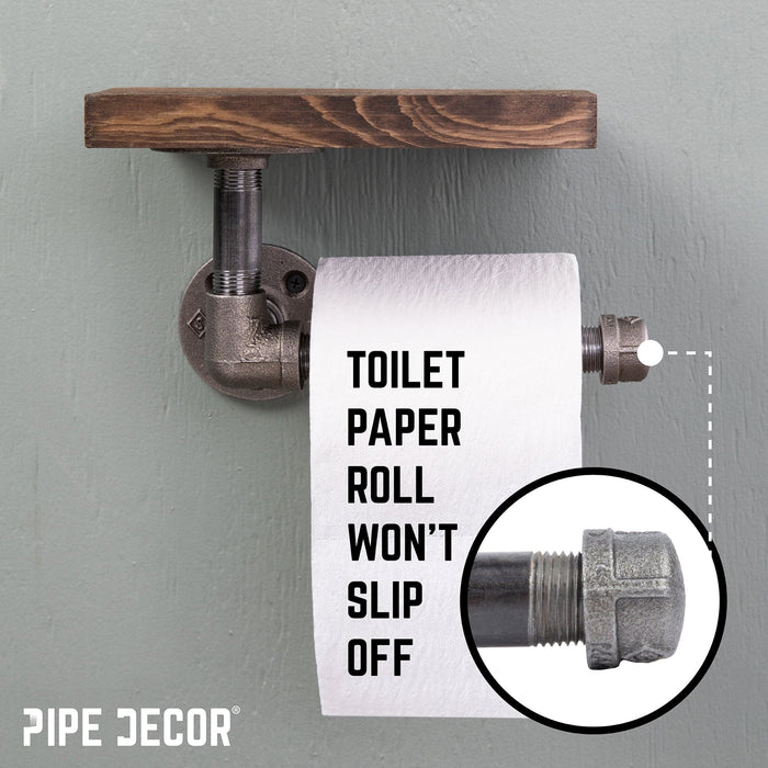 6 in. Wall-Mounted Pipe Toilet Paper Holder with Wood Shelf, Trail Brown - Sweatfully