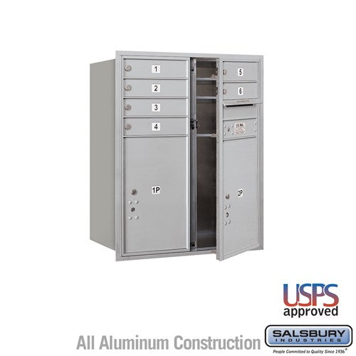 Salsbury 10 Door High Recessed Mounted 4C Horizontal Mailbox with 6 Doors and 2 Parcel Lockers in Aluminum with USPS Access - Front Loading - Sweatfully