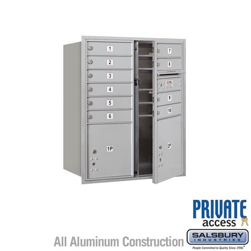 Salsbury 10 Door High Recessed Mounted 4C Horizontal Mailbox with 10 Doors and 2 Parcel Lockers in Aluminum with Private Access - Front Loading - Sweatfully