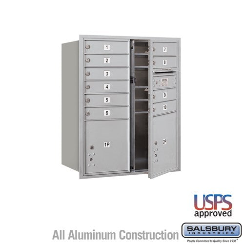 Salsbury 10 Door High Recessed Mounted 4C Horizontal Mailbox with 10 Doors and 2 Parcel Lockers in Aluminum with USPS Access - Front Loading - Sweatfully