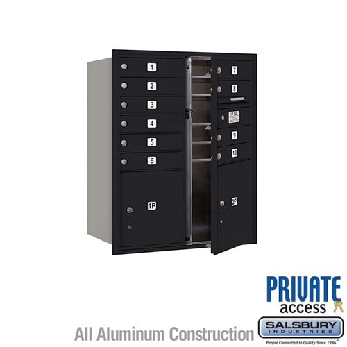 Salsbury 10 Door High Recessed Mounted 4C Horizontal Mailbox with 10 Doors and 2 Parcel Lockers in Black with Private Access - Front Loading - Sweatfully
