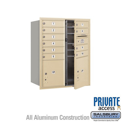 Salsbury 10 Door High Recessed Mounted 4C Horizontal Mailbox with 10 Doors and 2 Parcel Lockers in Sandstone with Private Access - Front Loading - Sweatfully