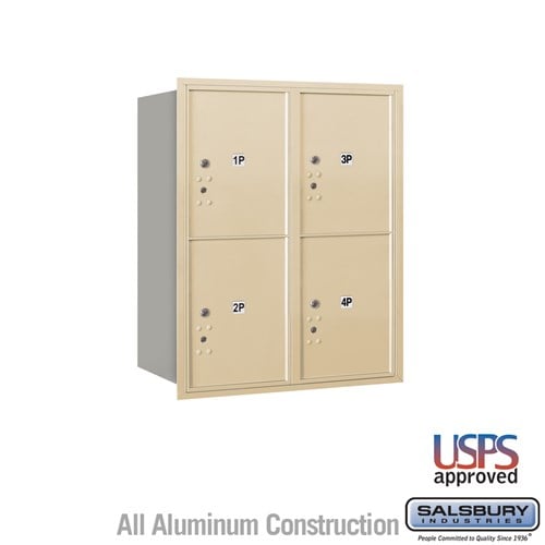 Salsbury 10 Door High Recessed Mounted 4C Horizontal Parcel Locker with 4 Parcel Lockers in Sandstone with USPS Access - Rear Loading - Sweatfully