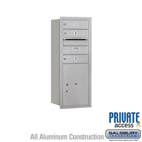 Salsbury 10 Door High Recessed Mounted 4C Horizontal Mailbox with 3 Doors and 1 Parcel Locker in Aluminum with Private Access - Rear Loading - Sweatfully