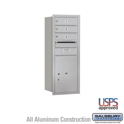 Salsbury 10 Door High Recessed Mounted 4C Horizontal Mailbox with 3 Doors and 1 Parcel Locker in Aluminum with USPS Access - Rear Loading - Sweatfully