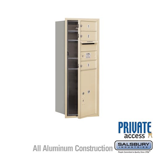 Salsbury 10 Door High Recessed Mounted 4C Horizontal Mailbox with 3 Doors and 1 Parcel Locker in Sandstone with Private Access - Front Loading - Sweatfully