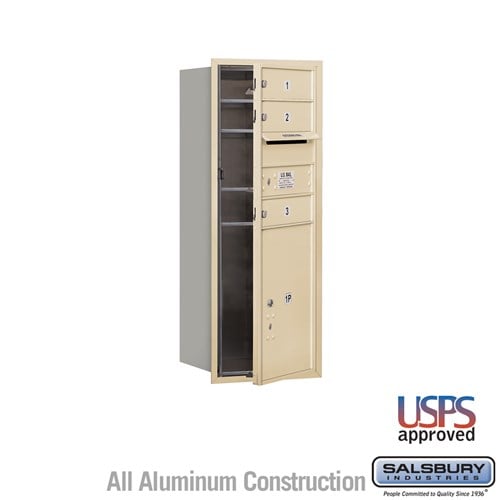 Salsbury 10 Door High Recessed Mounted 4C Horizontal Mailbox with 3 Doors and 1 Parcel Locker in Sandstone with USPS Access - Front Loading - Sweatfully