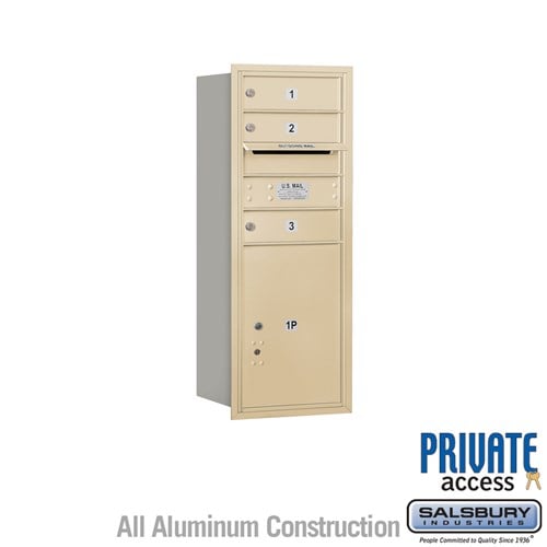 Salsbury 10 Door High Recessed Mounted 4C Horizontal Mailbox with 3 Doors and 1 Parcel Locker in Sandstone with Private Access - Rear Loading - Sweatfully