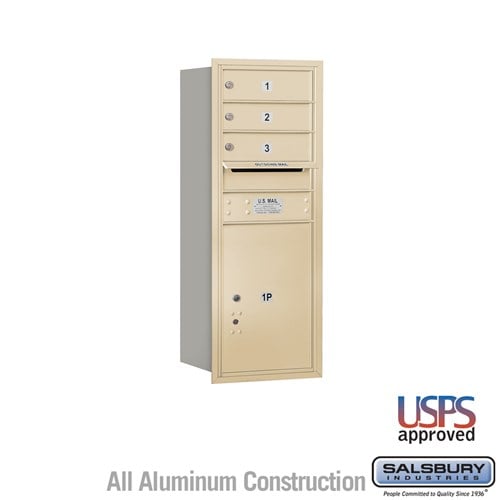 Salsbury 10 Door High Recessed Mounted 4C Horizontal Mailbox with 3 Doors and 1 Parcel Locker in Sandstone with USPS Access - Rear Loading - Sweatfully