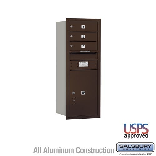 Salsbury 10 Door High Recessed Mounted 4C Horizontal Mailbox with 3 Doors and 1 Parcel Locker in Bronze with USPS Access - Rear Loading - Sweatfully