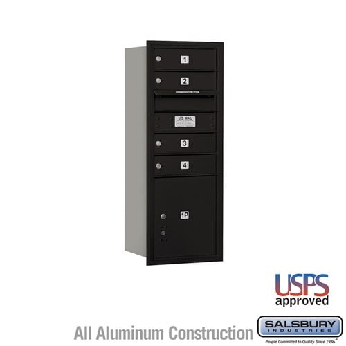Salsbury 10 Door High Recessed Mounted 4C Horizontal Mailbox with 4 Doors and 1 Parcel Locker in Black with USPS Access - Rear Loading - Sweatfully