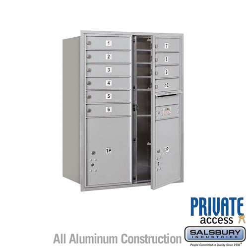 Salsbury 11 Door High Recessed Mounted 4C Horizontal Mailbox with 10 Doors and 2 Parcel Lockers in Aluminum with Private Access - Front Loading - Sweatfully