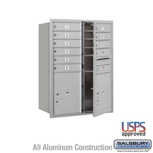 Salsbury 11 Door High Recessed Mounted 4C Horizontal Mailbox with 10 Doors and 2 Parcel Lockers in Aluminum with USPS Access - Front Loading - Sweatfully