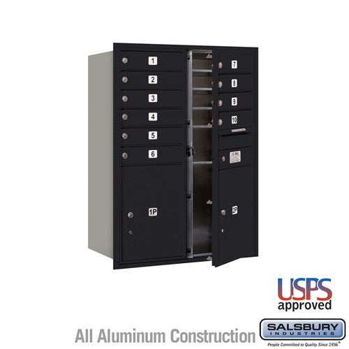 Salsbury 11 Door High Recessed Mounted 4C Horizontal Mailbox with 10 Doors and 2 Parcel Lockers in Black with USPS Access - Front Loading - Sweatfully