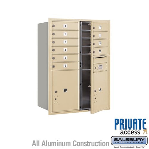 Salsbury 11 Door High Recessed Mounted 4C Horizontal Mailbox with 10 Doors and 2 Parcel Lockers in Sandstone with Private Access - Front Loading - Sweatfully