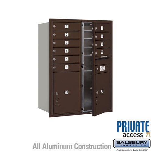 Salsbury 11 Door High Recessed Mounted 4C Horizontal Mailbox with 10 Doors and 2 Parcel Lockers in Bronze with Private Access - Front Loading - Sweatfully
