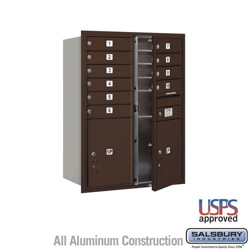 Salsbury 11 Door High Recessed Mounted 4C Horizontal Mailbox with 10 Doors and 2 Parcel Lockers in Bronze with USPS Access - Front Loading - Sweatfully