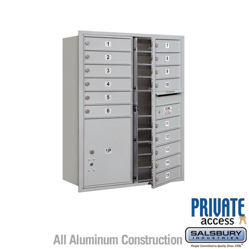 Salsbury 11 Door High Recessed Mounted 4C Horizontal Mailbox with 15 Doors and 1 Parcel Locker in Aluminum with Private Access - Front Loading - Sweatfully