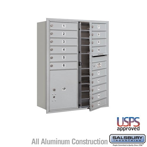 Salsbury 11 Door High Recessed Mounted 4C Horizontal Mailbox with 15 Doors and 1 Parcel Locker in Aluminum with USPS Access - Front Loading - Sweatfully